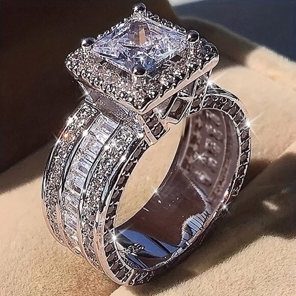 925 sterling silver Women Engagement Rings Classic 4 Prong Inlay Square CZ - Picture 4 of 5